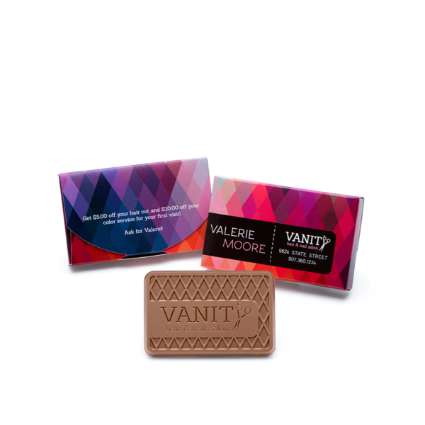 Custom chocolate business card boxed engraved belgian chocolate with logo
