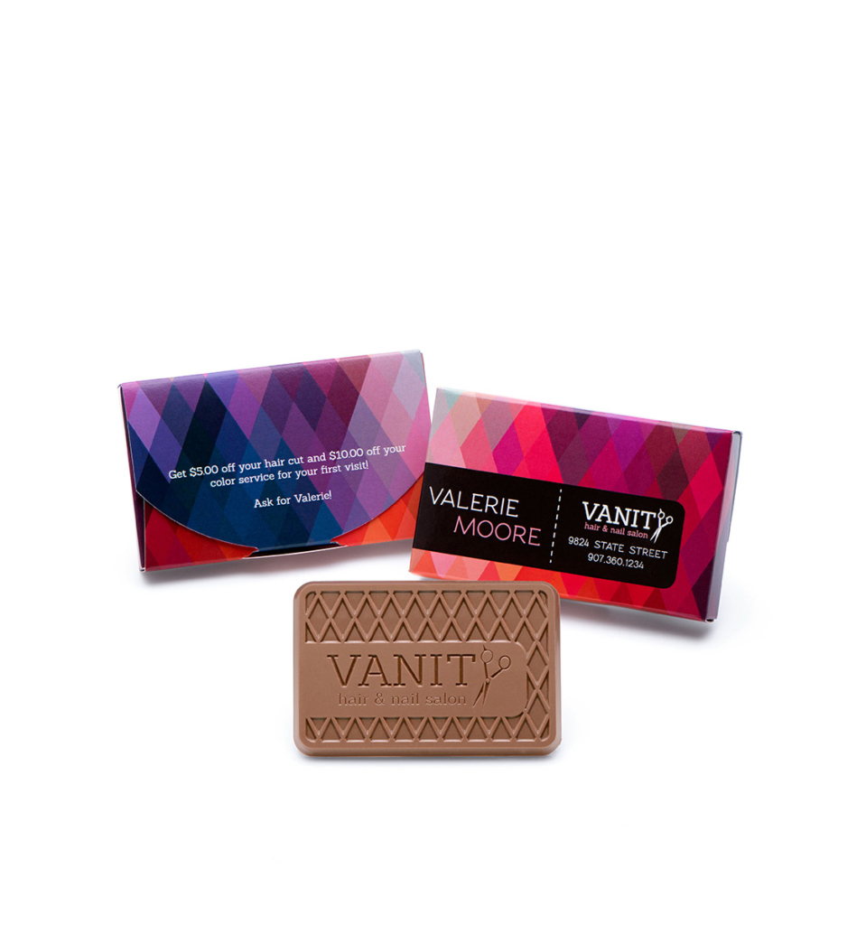 Custom chocolate business card boxed engraved belgian chocolate with logo