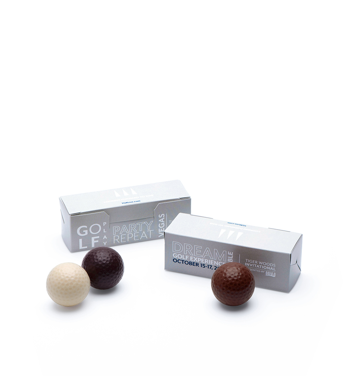 Custom golf ball trio printed box molded belgian chocolate with logo
