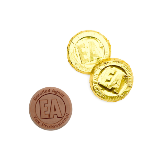 Gold custom chocolate coins with EA letter on it