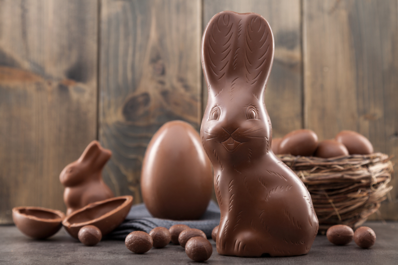 Chocolate Easter bunny and eggs.