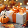 An assortment of pumpkins next to a beautifully wrapped orange and white gift box tied with a ribbon, evoking seasonal cheer.